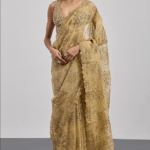 Beige Silk Organza Printed Saree Set