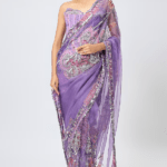Purple Organza Draped Saree Set