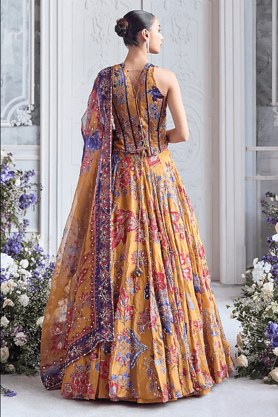 Amber Yellow Silk Organza Printed Lehenga Set - Image 2