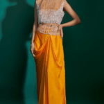 Orange Bemberg Satin & Natural Crepe Hand Embroidered Draped Skirt Set