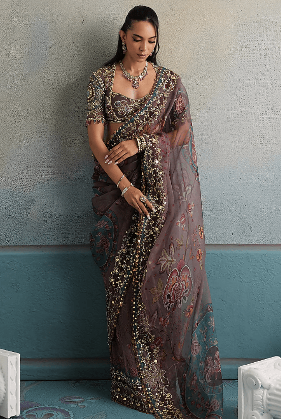 Burnt Lilac Silk Organza Floral Embroidered Saree Set