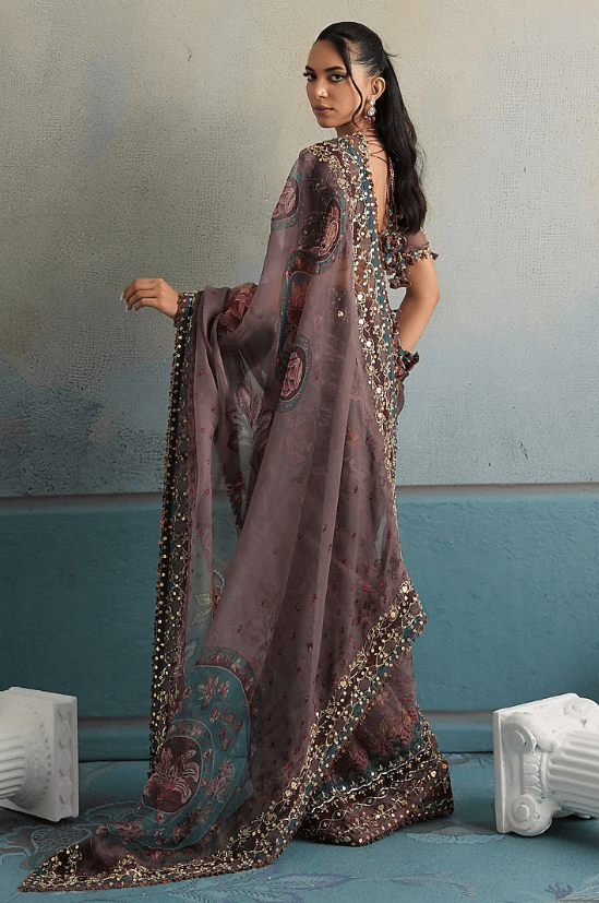Burnt Lilac Silk Organza Floral Embroidered Saree Set - Image 2