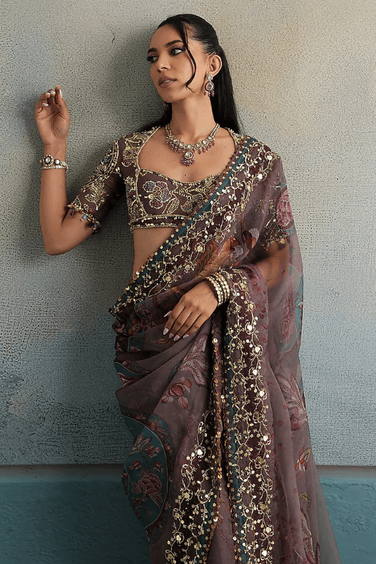 Burnt Lilac Silk Organza Floral Embroidered Saree Set - Image 4