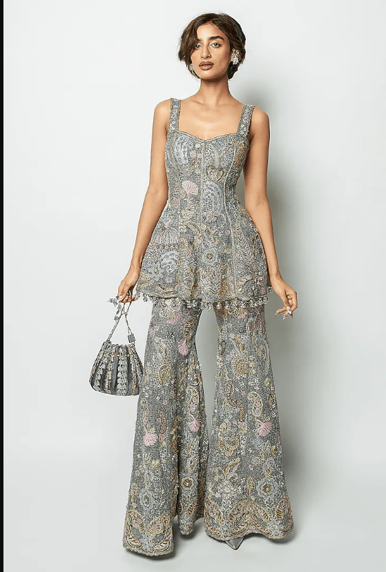 Grey Mesh Applique Embellished Sharara Set