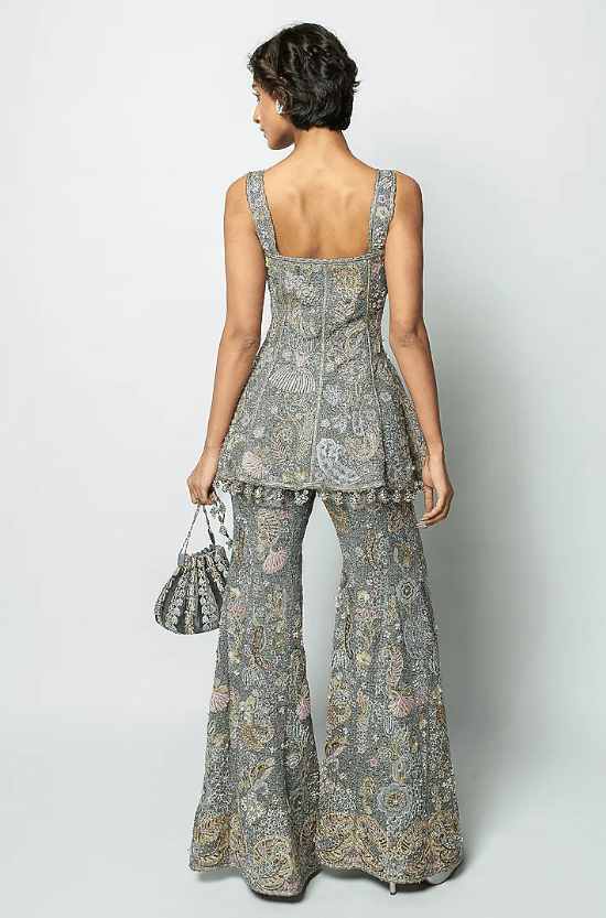 Grey Mesh Applique Embellished Sharara Set - Image 2
