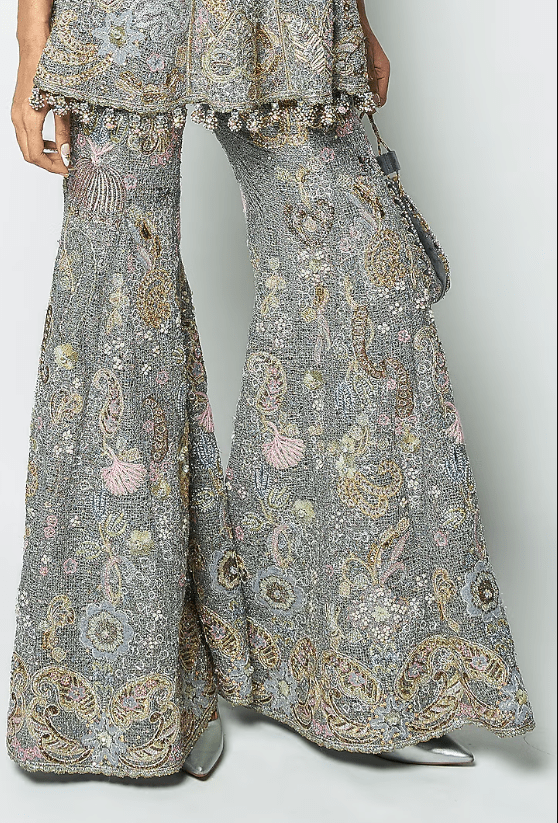Grey Mesh Applique Embellished Sharara Set - Image 4