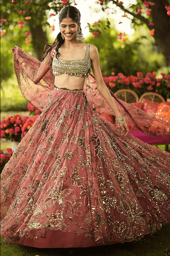 Warm Bubblegum Pink & Golden Organza Hand Embroidered Lehenga Set