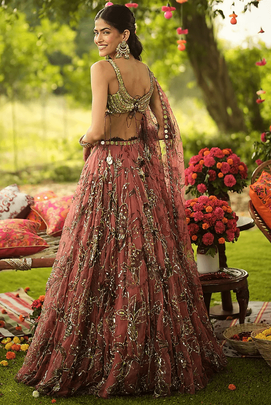Warm Bubblegum Pink & Golden Organza Hand Embroidered Lehenga Set - Image 2