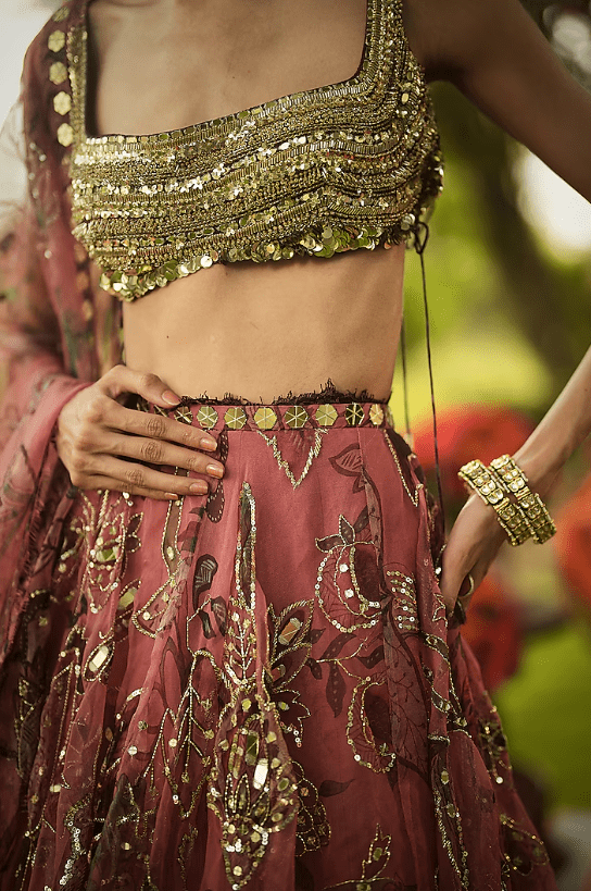 Warm Bubblegum Pink & Golden Organza Hand Embroidered Lehenga Set - Image 3