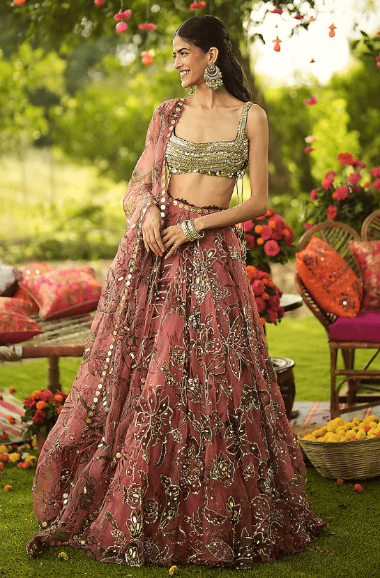 Warm Bubblegum Pink & Golden Organza Hand Embroidered Lehenga Set - Image 4