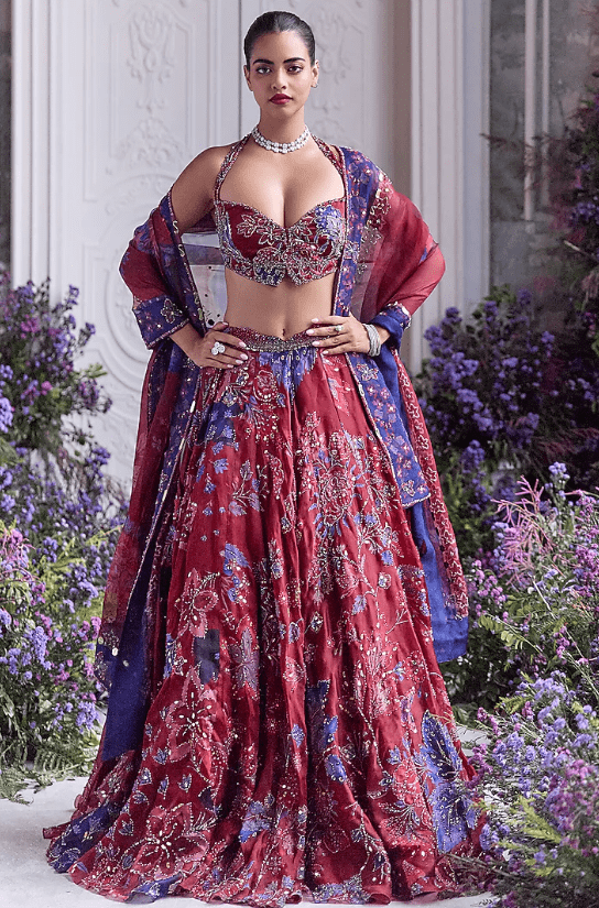 Royal Red Silk Organza Embroidered & Printed Lehenga Set - Image 2