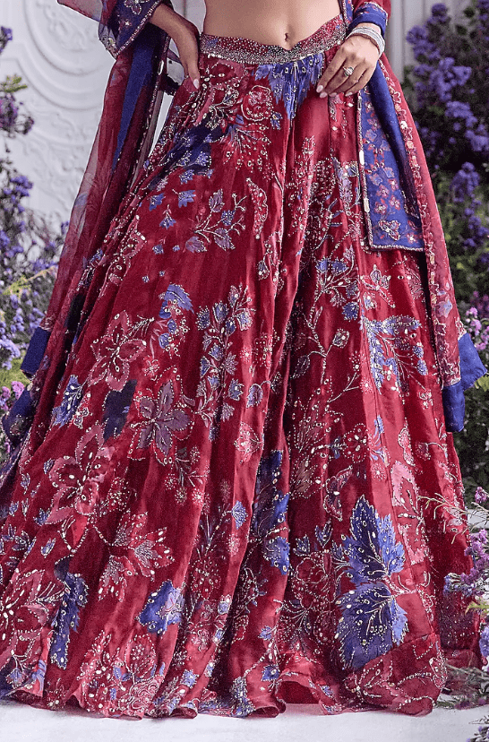 Royal Red Silk Organza Embroidered & Printed Lehenga Set - Image 4