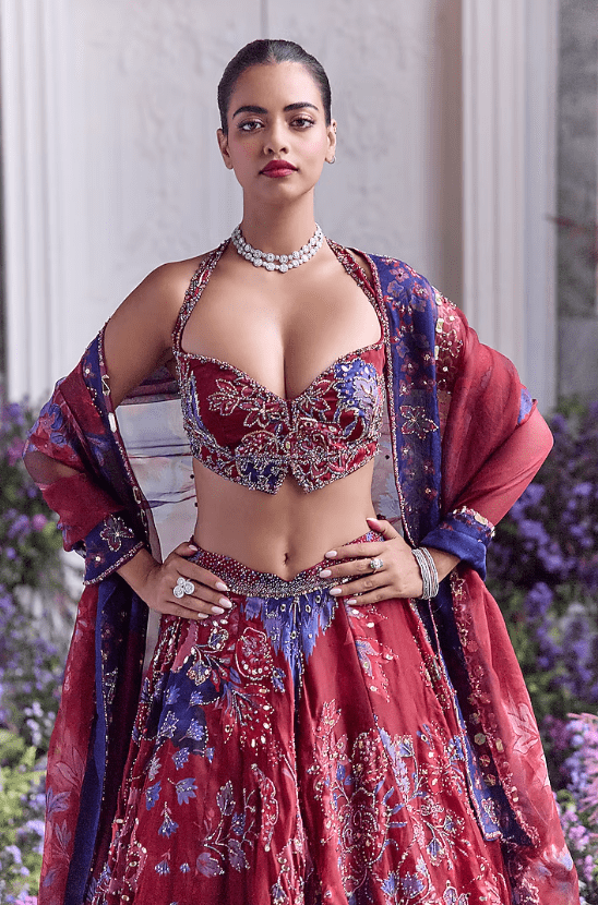 Royal Red Silk Organza Embroidered & Printed Lehenga Set - Image 5