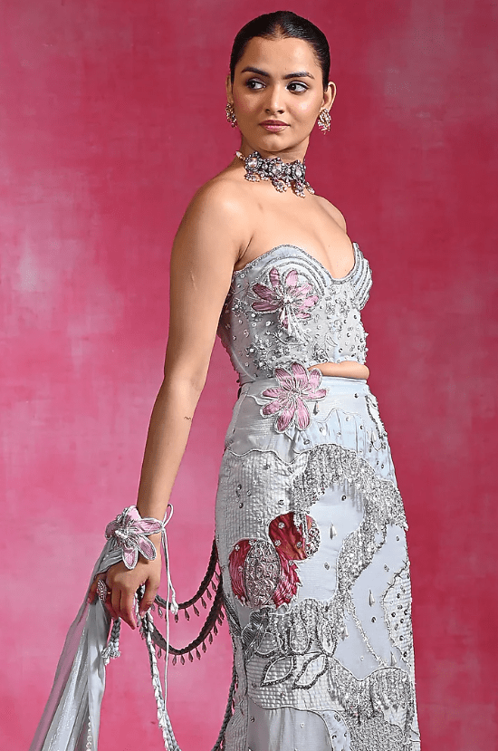 Ice Blue Net & Organza Embellished Skirt Set - Image 3