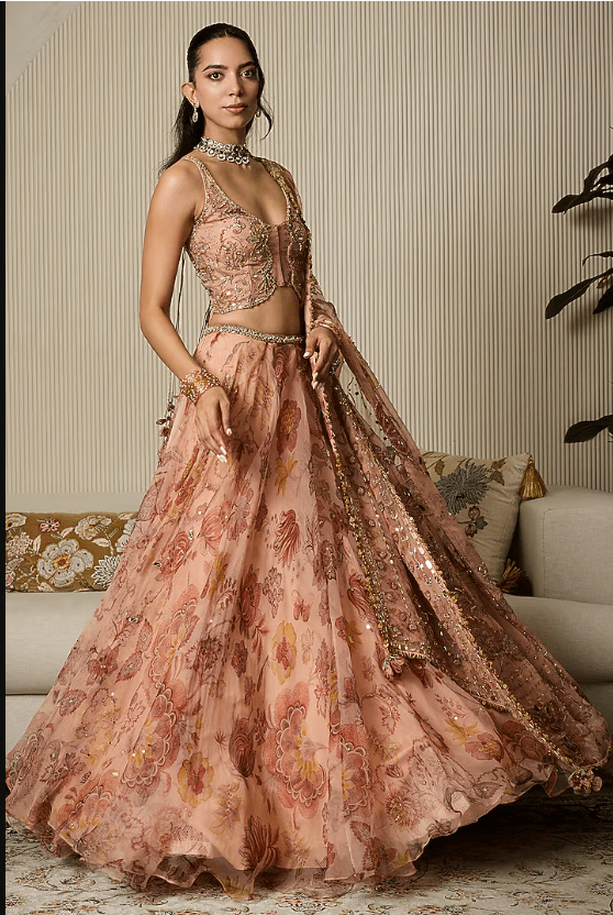 Melon Pink Silk Organza Floral Printed Lehenga Set