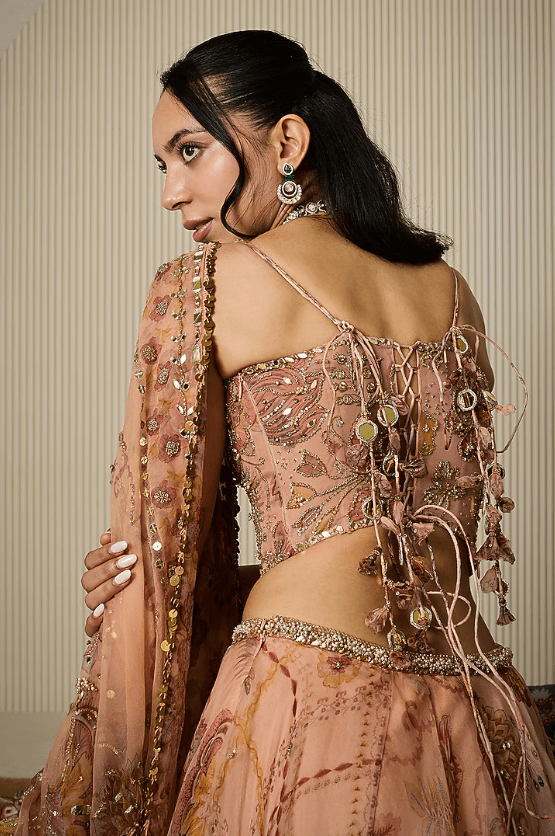 Melon Pink Silk Organza Floral Printed Lehenga Set - Image 2