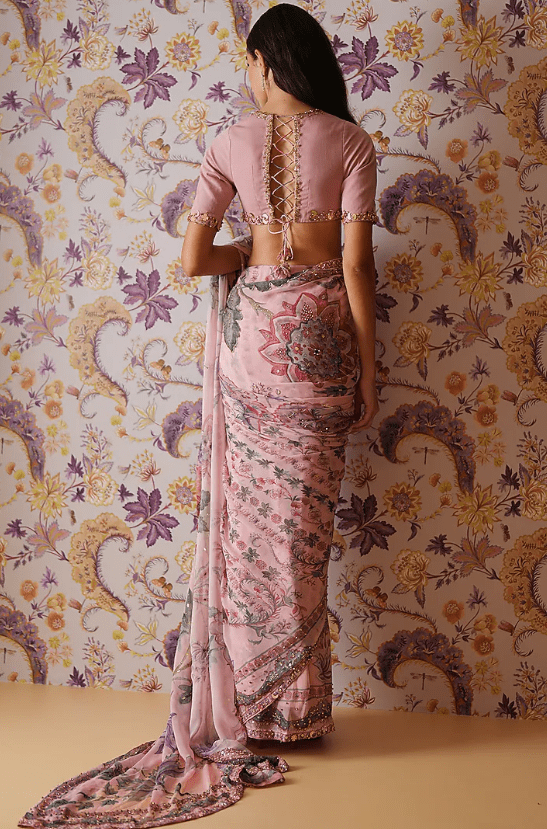 Blush Pink Georgette Printed & Hand Embroidered Pre-Draped Saree Set - Image 2
