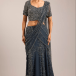 Steel Grey Tulle Hand Embellished Draped Saree Set