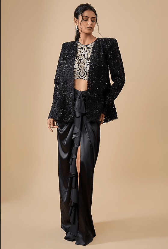 Black Satin Draped Skirt Set