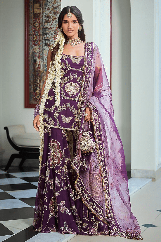 Jamun Purple Silk Organza Floral Embroidered Sharara Set
