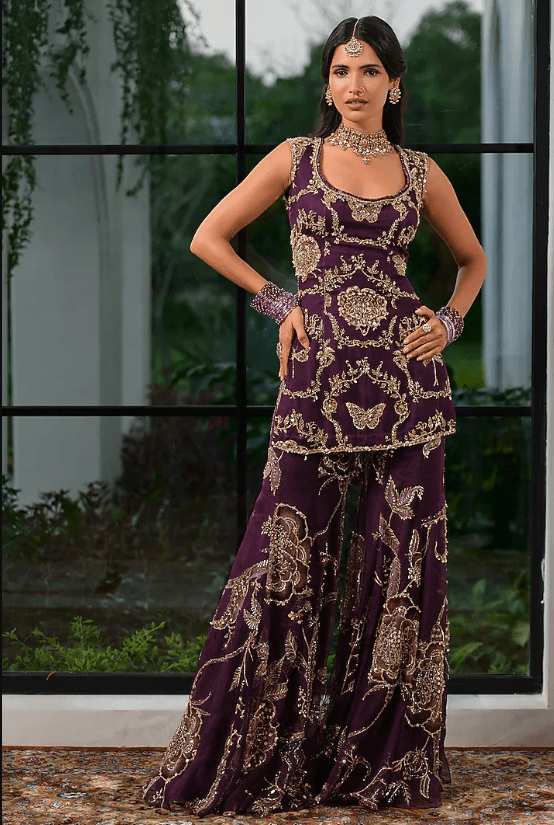 Jamun Purple Silk Organza Floral Embroidered Sharara Set - Image 3