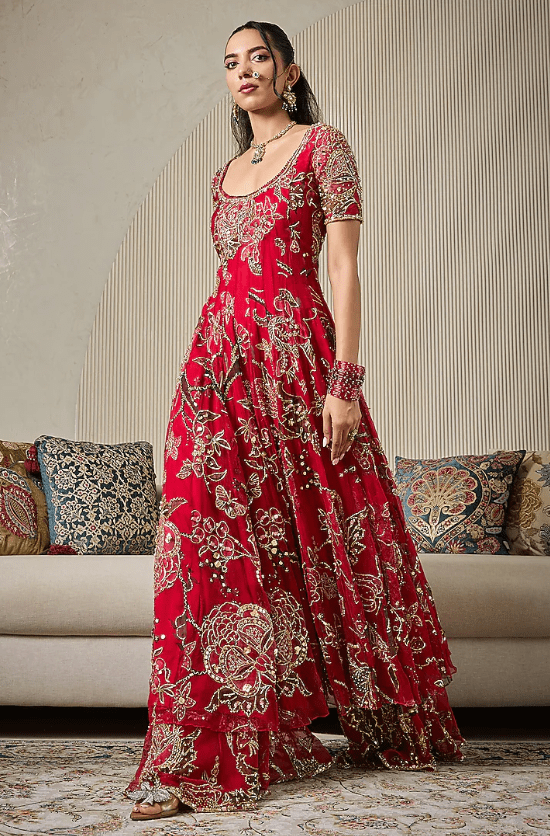 Lahoo Red Silk Organza Embroidered Anarkali Set