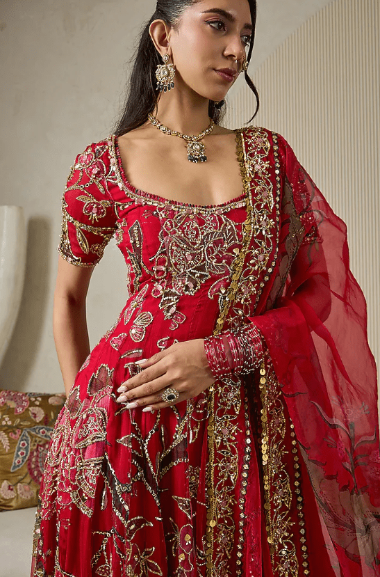 Lahoo Red Silk Organza Embroidered Anarkali Set - Image 2
