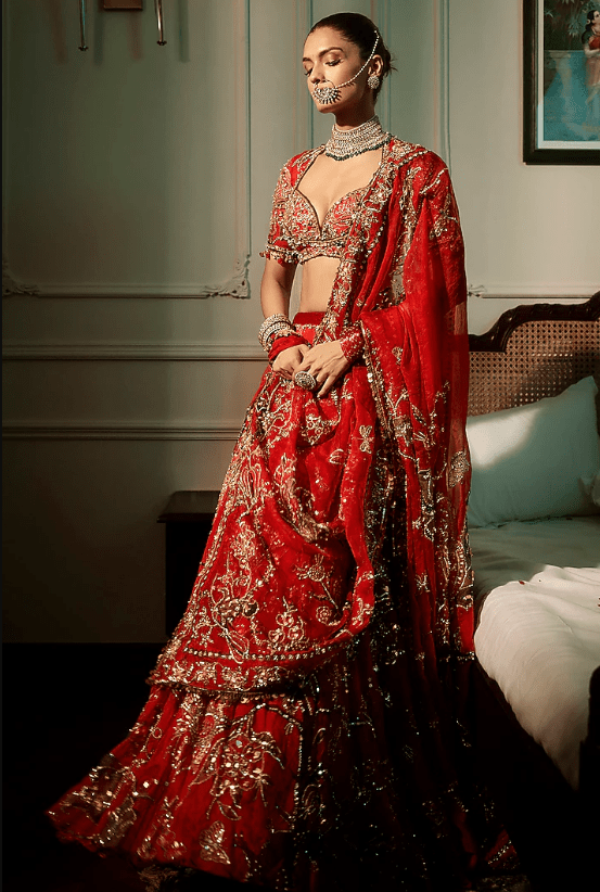 Lahoo Red Silk Organza Floral Embroidered Bridal Lehenga Set - Image 2