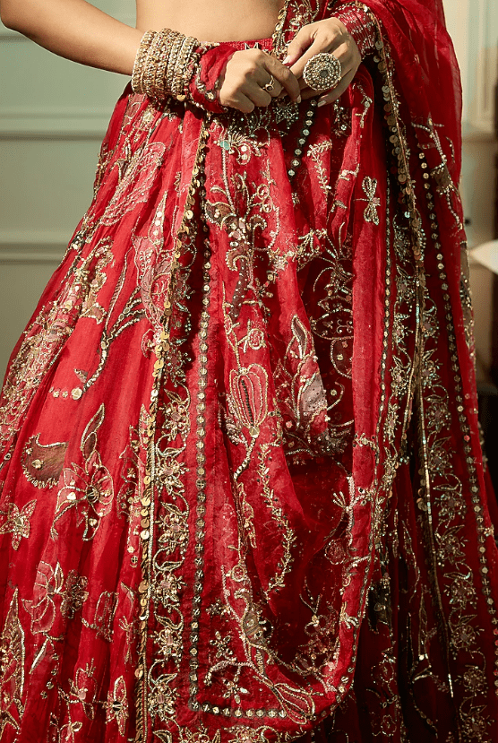 Lahoo Red Silk Organza Floral Embroidered Bridal Lehenga Set - Image 3