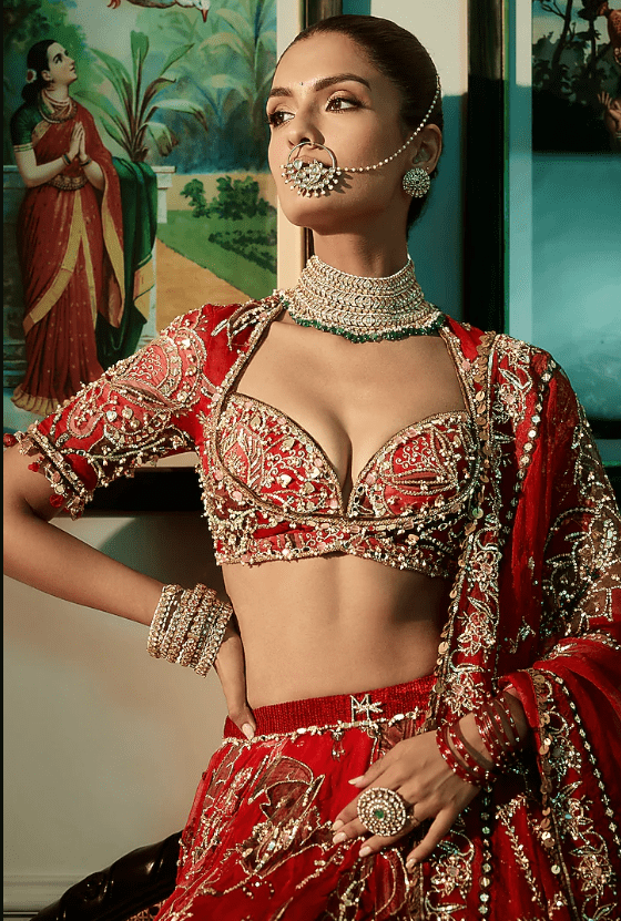 Lahoo Red Silk Organza Floral Embroidered Bridal Lehenga Set - Image 4