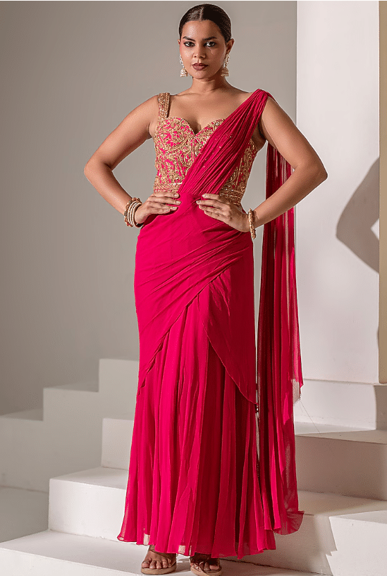 Pink Georgette Dori Hand Embellished Gown Saree