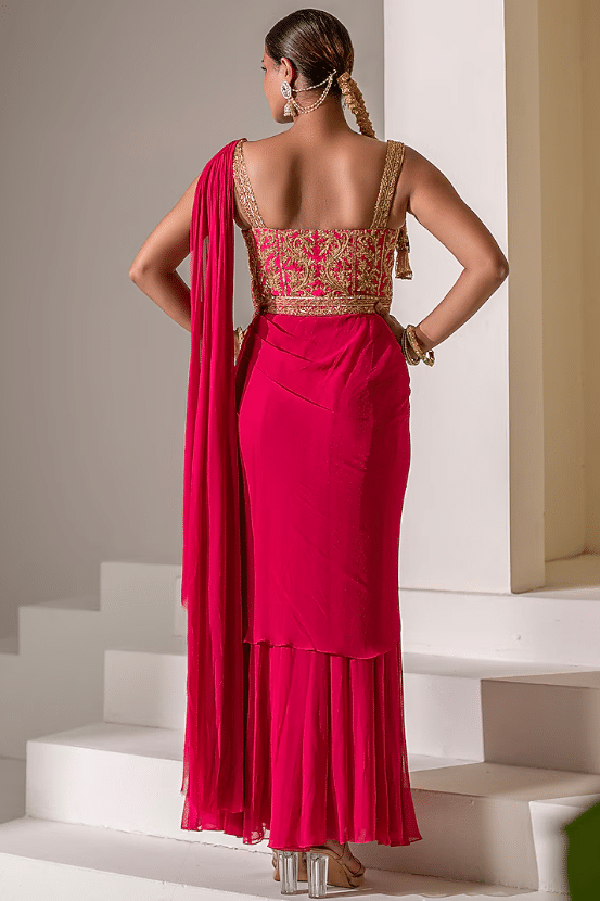 Pink Georgette Dori Hand Embellished Gown Saree - Image 2