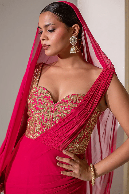 Pink Georgette Dori Hand Embellished Gown Saree - Image 3