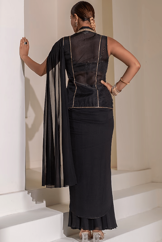 Black Georgette Draped Saree Set - Image 2