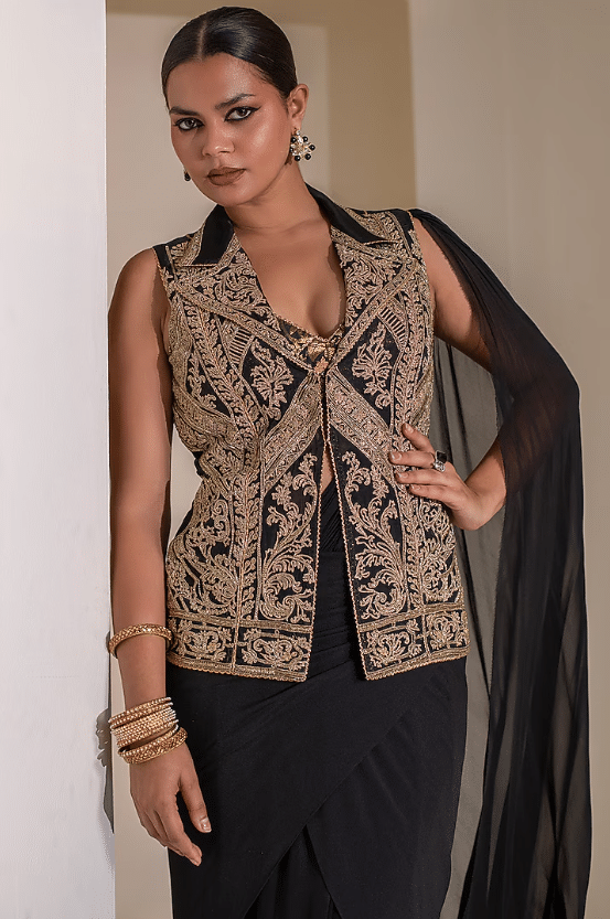 Black Georgette Draped Saree Set - Image 3