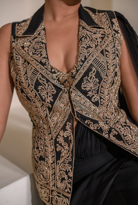 Black Georgette Draped Saree Set - Image 4