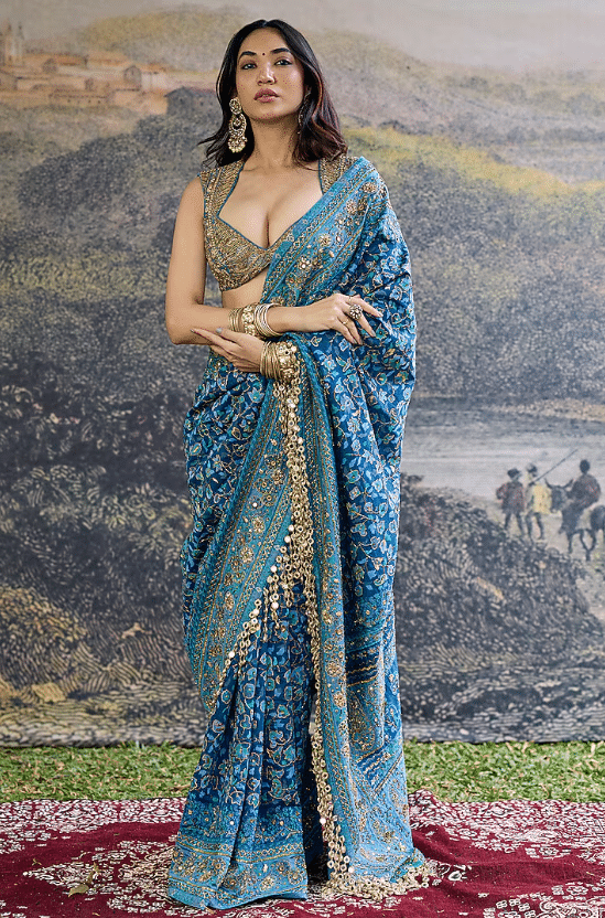 Blue Raw Silk & Net Jamawar Embroidered Saree Set