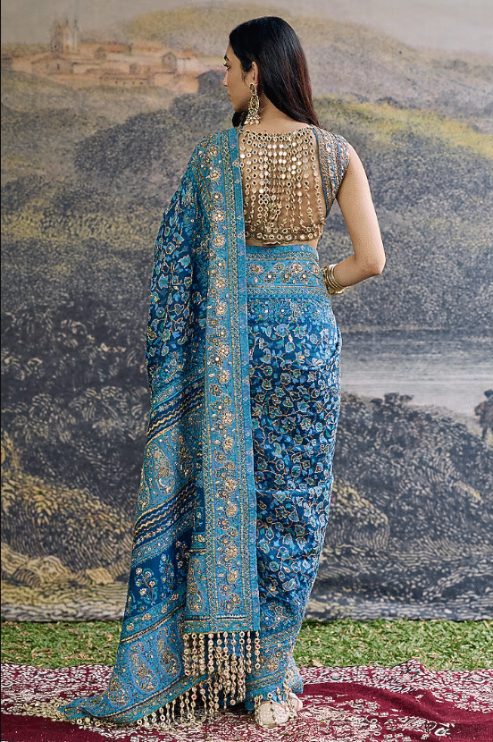 Blue Raw Silk & Net Jamawar Embroidered Saree Set - Image 2