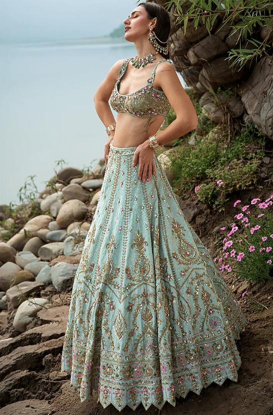 Aqua Green Zari Georgette Nakshi Embellished Lehenga Set - Image 3