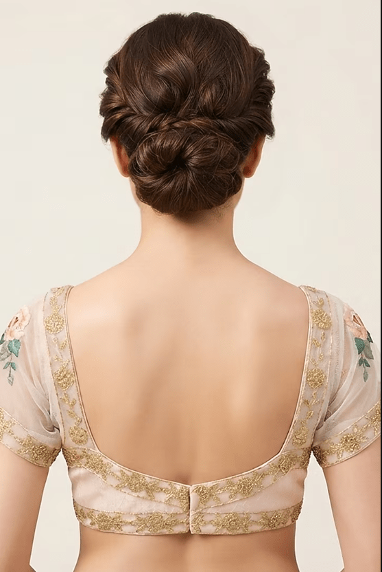 Blush Pink Silk & Tulle Floral Zardosi Embroidered Stitched Saree Set - Image 2