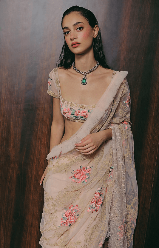 Blush Pink Silk & Tulle Floral Zardosi Embroidered Stitched Saree Set - Image 4