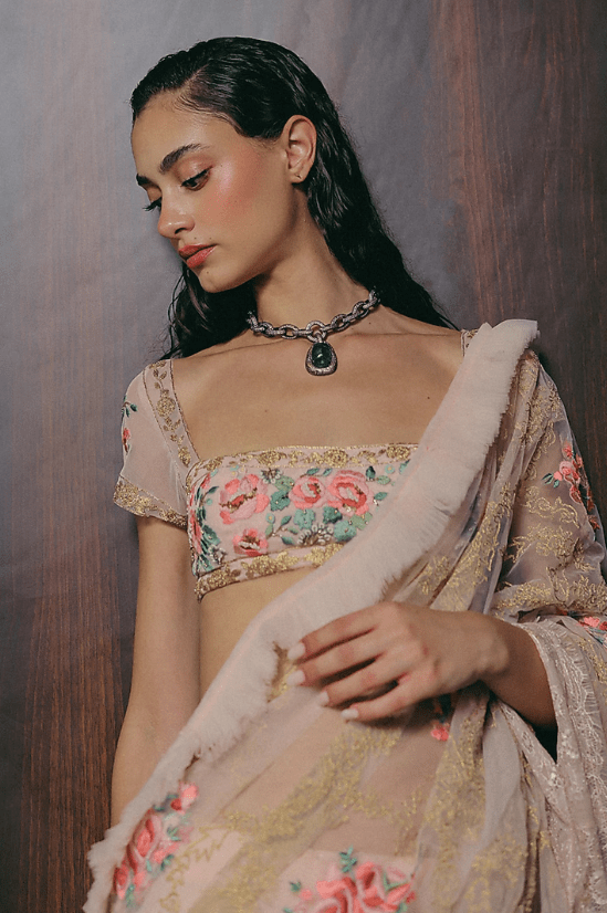 Blush Pink Silk & Tulle Floral Zardosi Embroidered Stitched Saree Set - Image 5
