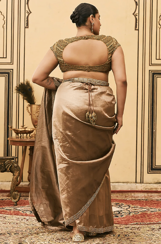 Coco Brown Silk Tissue Draped Saree Set - Image 2