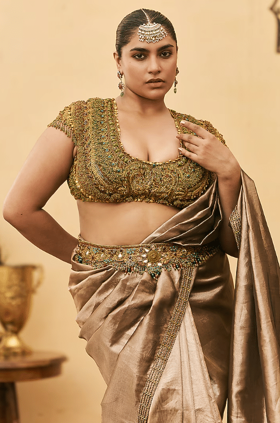 Coco Brown Silk Tissue Draped Saree Set - Image 3