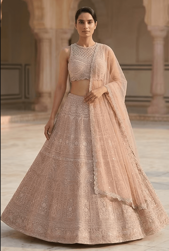 Champagne Lucknowi & Georgette Hand Embroidered Lehenga Set