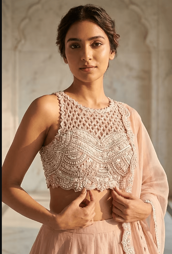 Champagne Lucknowi & Georgette Hand Embroidered Lehenga Set - Image 3