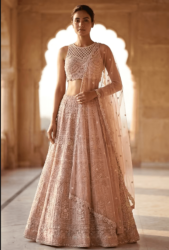 Champagne Lucknowi & Georgette Hand Embroidered Lehenga Set - Image 4