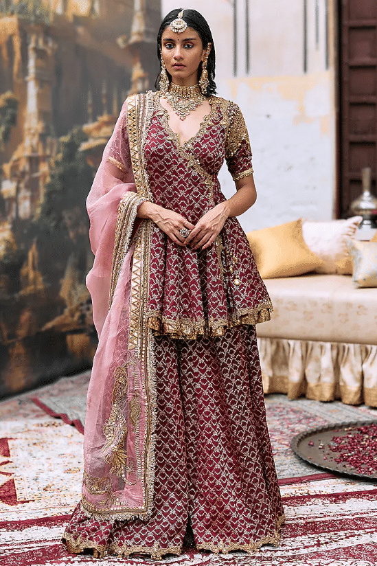 Maroon Brocade & Gota Short Angrakha Set