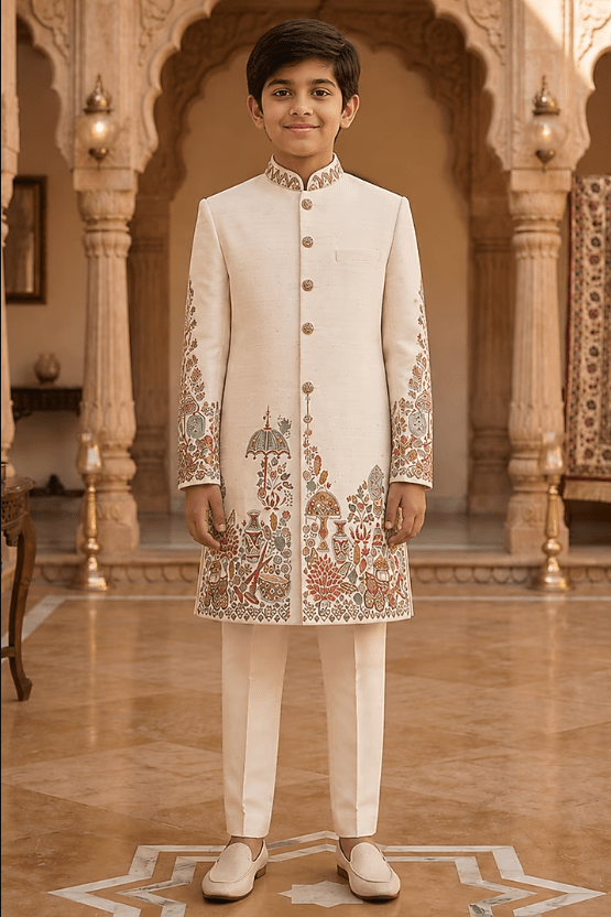 Ivory Raw Silk Resham Embroidered Sherwani Set For Boys