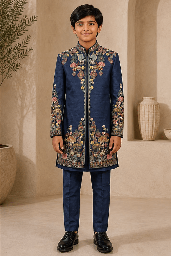 Blue Raw Silk Thread Embroidered Indowestern Set For Boys